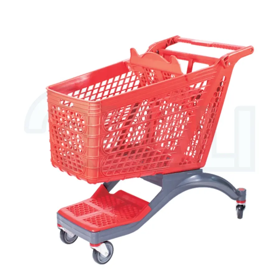 Quali Guaranteed 100L Plastic Supermarket Cart 5'' TPR Wheels Plastic Shopping Trolley With Safety Belt