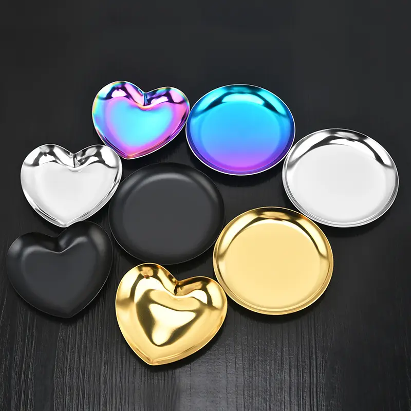 Custom Stainless Steel Aromatherapy Candle Tray Gold Round Engrave Laser Logo Mini Heart Shaped Plate Jewelry Display Tray