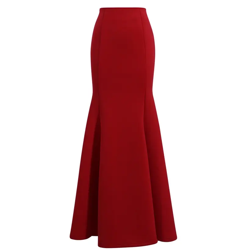 OEM High Quality Ladies Red Skirt High Waist Flare Bottom Women Skirt Maxi Length Skirt