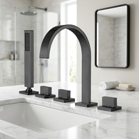 Robinet de baignoire moderne noir mat à 5 trous en laiton massif, robuste, avec douchette à main et fonction cascade