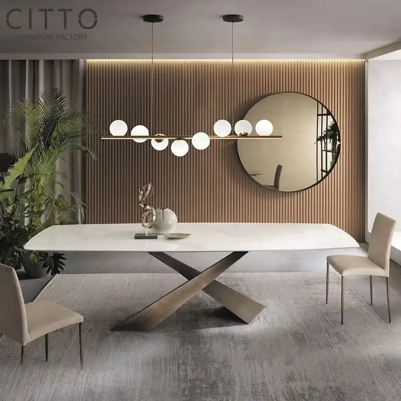 Nuevos muebles contemporáneos Mesa de comedor Metal blanco Latón Mesa de comedor Fabricantes Latón cepillado Piedra sinterizada Personalizar