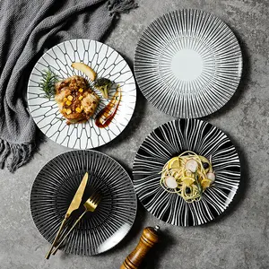 Jozing कई डिजाइनों काले और सफेद tableware उथले चावल होटल के लिए चीनी मिट्टी के बरतन प्लेटें दौर सलाद ओवन प्लेटें