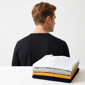 T-shirt à manches longues en coton 100% 245GSM, col Henley, tricot lourd, coupe classique, couleur unie, pour homme - Product Image 3