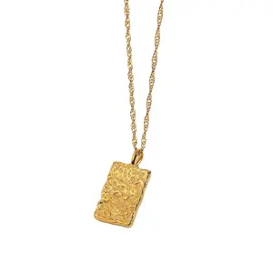 Non Tarnish Waterproof Gold Necklaces Textured Pendant 316SS Stainless Steel Vintage Jewelry Square Necklace