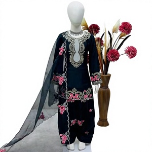 Girls Black Embroidered Salwar Kameez Set With <b>Net</b> <b>Dupatta</b> Traditional Indian Pakistani Party Wear Ankle Length Loose Fit - Product Image 5