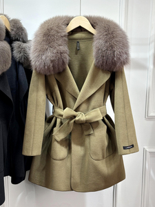 JANVENY-<span class=keywords><strong>Chaqueta</strong></span> de <span class=keywords><strong>Lana</strong></span> de Doble Cara para <span class=keywords><strong>Mujer</strong></span>, Gabardina Corta con Cuello de Piel de Zorro Natural Real, Bolsillos con Cinturón, Prendas de Vestir - Product Image 4