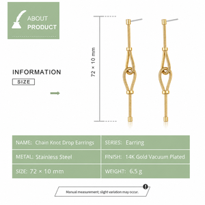 Boucles d'oreilles pendantes à nœuds en chaîne en acier inoxydable plaqué or 14 carats, longues et texturées, or et argent - Product Image 2