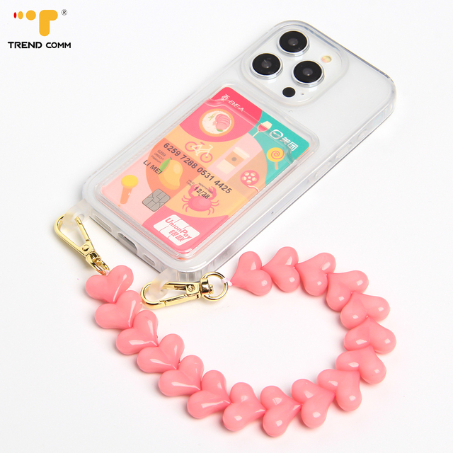 High Quality Acrylic Girls Phone Case with Colorful Love Chain Heart Strap Mobile Phone Accessory Quality Phone Hangs Accessory