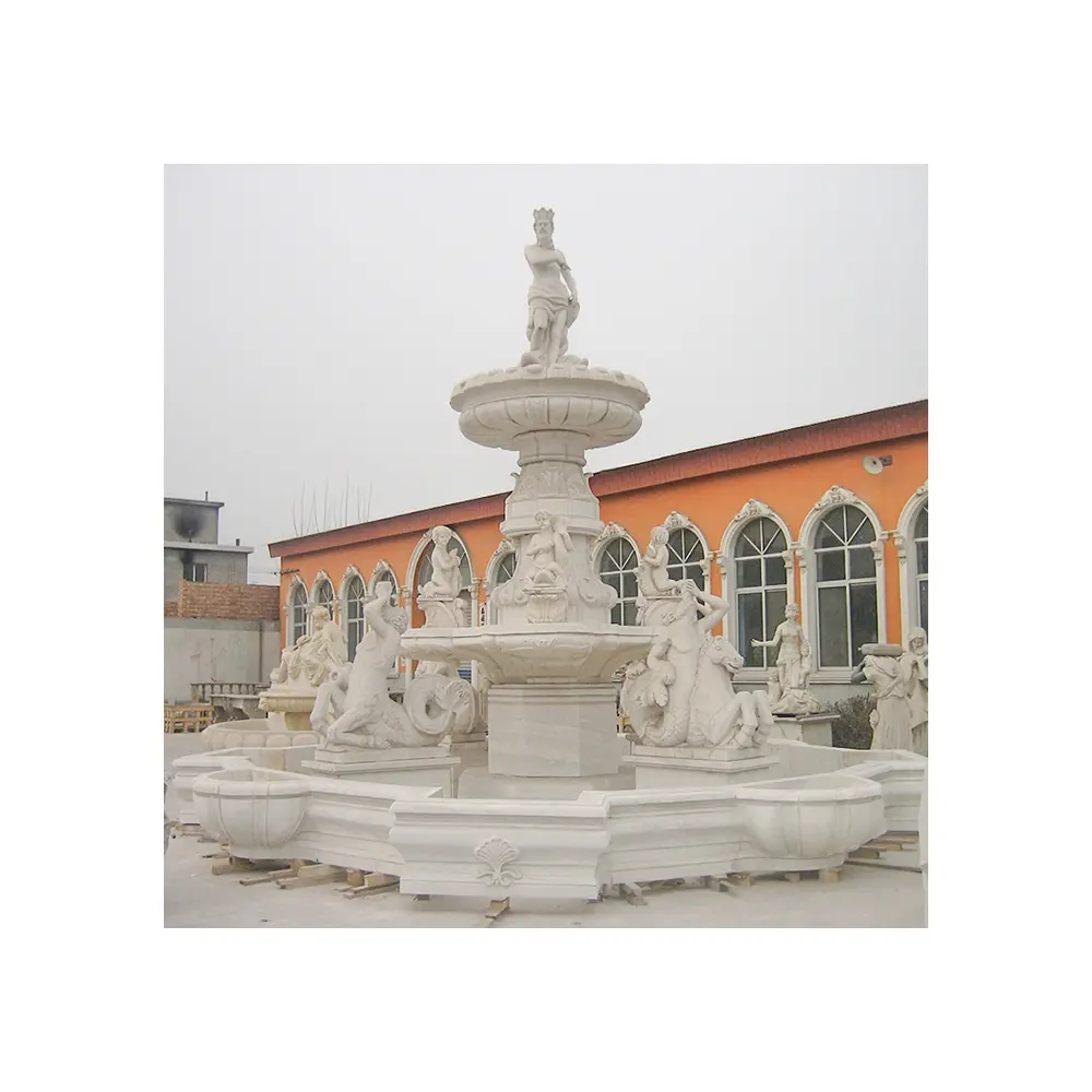 Fonte de água de cascata fonte de mármore branca, preço de fábrica, fonte com moça estátua