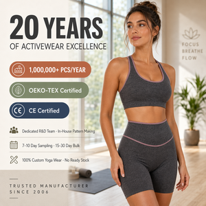Custom Charcoal Grey Yoga Set OEKO-TEX High Waisted Biker Shorts Sports Bra Activewear Women Gym Wear Purple Piping OEM