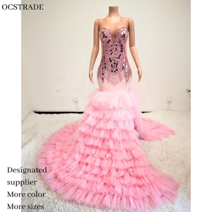 Robe de bal élégante en laine peignée avec application de strass rose personnalisée MF, à volants fendus, traîne balayante, simple, pour fille noire, 1 pièce - Product Image 1