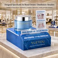 Présentoir de Comptoir Étagéré en Acrylique à Texture Marbre Bleu pour Pot Unique de Soins de la Peau avec Support d'Étiquette d'Information Personnalisée