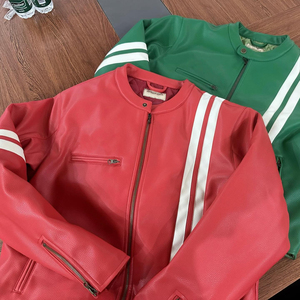 Chaqueta de cuero personalizada para <span class=keywords><strong>hombre</strong></span> al por mayor, de piel sintética PU, con cuello redondo y cremallera, estilo motero corto, abrigo informal para ropa de calle. - Product Image 4