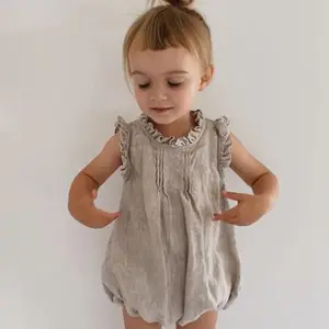 Ins Romper Linen Bayi Perempuan, Romper Jumpsuit Warna Solid, Romper Jumpsuit Kerut Tanpa Lengan Linen Katun untuk Bayi Perempuan