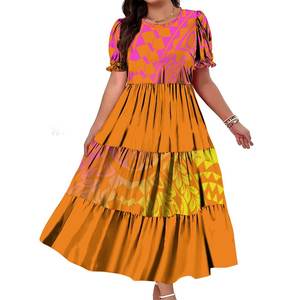 Mejor Precio Personalizado Isla del Pacífico Arte Diseño Puff Vestidos de manga corta Mujeres Vestido de cuello redondo Estilo retro Vestidos de varios niveles - Product Image 4