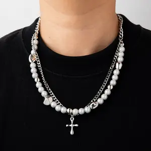 Religious Jewelry Two Layers Cuban Pearl Necklace Stainless Steel Cross Pendant Necklace Men Pearl Necklace