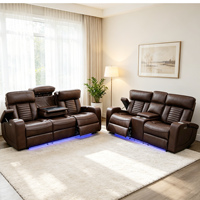 Conjunto de Sofás Reclinables Ergonómicos de Cuero Moderno, 3+2+1 Plazas, con Luces LED USB y Mesa Abatible, para Sala de Estar o Cine en Casa