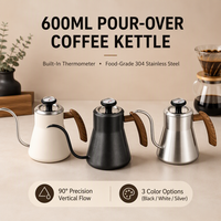 Set Termometer Panci Kopi Gooseneck HL dengan Tutup, Gagang Kayu, Kontrol Aliran Presisi, Corong, Baja 304, Ketel Seduh Manual 600ml 900ml