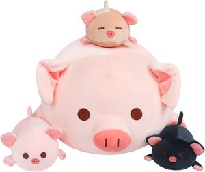 Prêt à expédier : Jouet en peluche doux, poupée animal en peluche, adorable peluche de dessin animé, rembourrée en coton PP, Famille de cochons 4 en 1 - Product Image 1