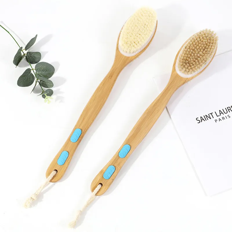 Long Wooden Handle Double-Sided Soft And Stiff Bristle Exfoliating Shower Bath Dry Body Cleaner Brush For Baby And Adult