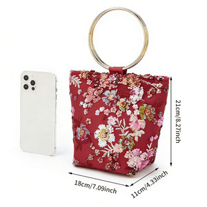 Floral <b>Sequin</b> Embroidery Tote Bag Women Metal Ring Handle <b>Handbag</b> Large Capacity Canvas Shoulder Bag Handmade Bucket Purse - Product Image 6