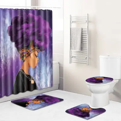 G&D Amazon Hot selling African Design 4pcs Bathroom Floor Mat Design Shower Curtains Set