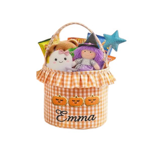Cestas <span class=keywords><strong>de</strong></span> Halloween Personalizadas con Volantes y Nombre, Bolsas <span class=keywords><strong>de</strong></span> Lona a Cuadros para Dulces, Cestas Bordadas con Diseño <span class=keywords><strong>de</strong></span> <span class=keywords><strong>Calabaza</strong></span> para Niños - Product Image 6
