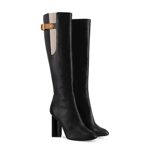 Retro High Chunky Heels Long Booties Metal Belt Buckles Side Zipper Patchwork Shoes Women Square Toe Knee High <b>Boots</b> - Product Image 4