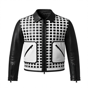 Veste en cuir noire pour homme avec motif quadrillé blanc, col cranté, fermeture éclair, coupe classique, style américain - Product Image 3