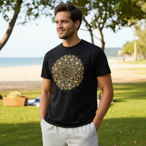 T-shirt Mandala noir et or, design unisexe, taille adulte moyenne - Product Image 3