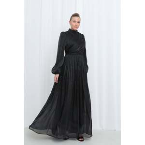 Robe de soirée longue plissée en satin noir pour femme Puane, avec manches lanternes, haut drapé, col montant, douce, respirante et élégante, style Abaya - Product Image 3