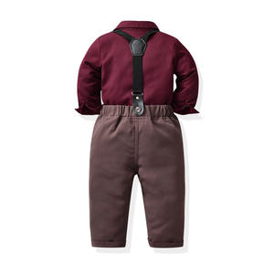 Costume de gentleman pour garçon, chemise pour tout-petit avec nœud papillon, ensemble pantalon à bretelles pour bébé, rouge, tendance - Product Image 2