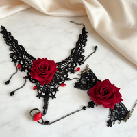 Ensemble collier ras-de-cou et bracelet en dentelle noire avec rose rouge gothique vintage pour femme, style sombre, bijoux pour fête et cosplay