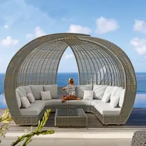 PE rotan tempat tidur siang untuk luar ruangan furnitur teras anyaman sofa kebun sarang burung tempat tidur matahari