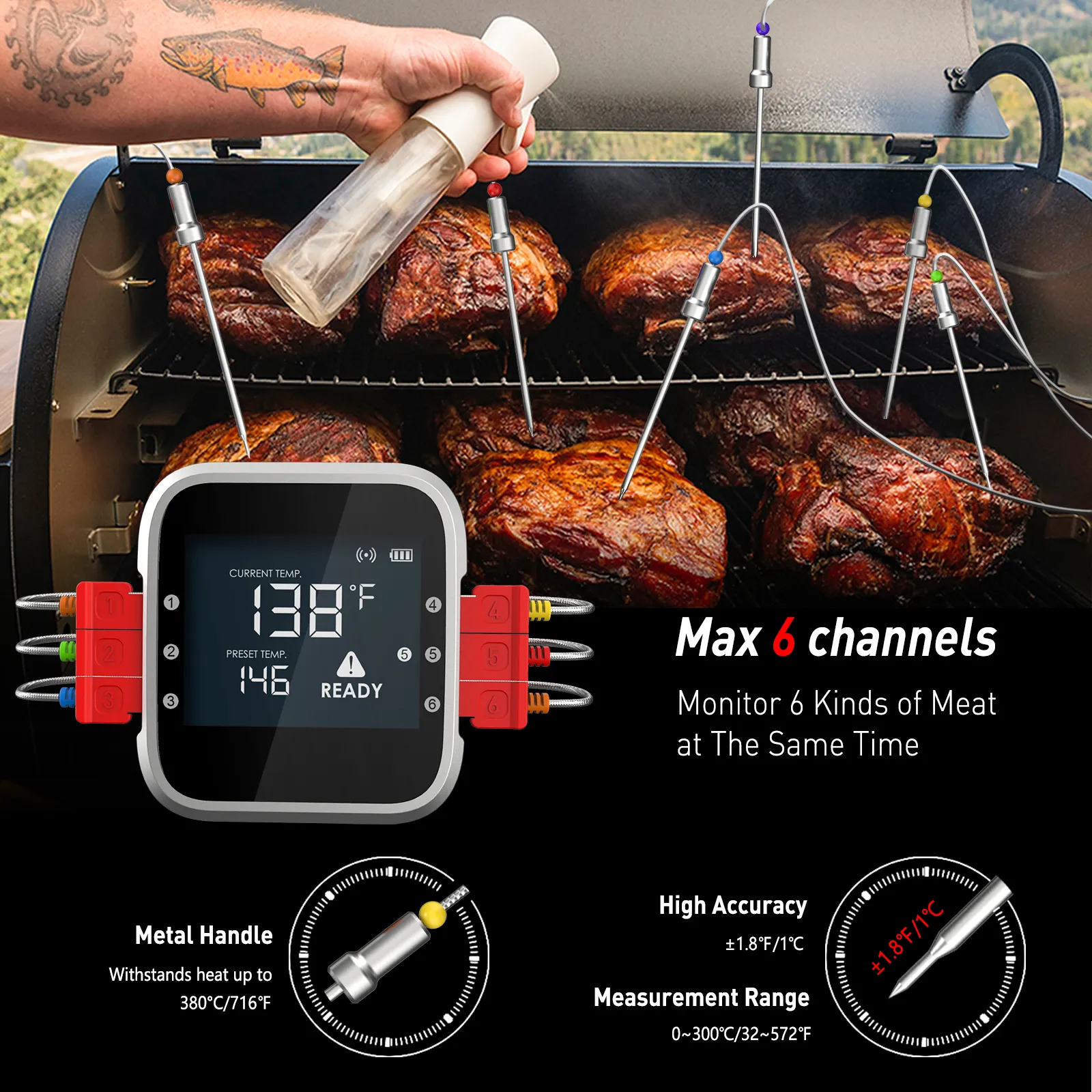 Led Digital Temperature Gauge Celsius Steak Medium Rare Food Grade Probe Meat Thermometer With Timer Alarm