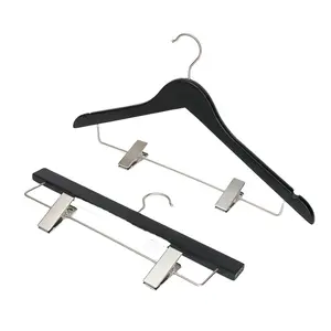 Black Color Thin Non Slip Wooden Pants Skirt Hangers With Adjustable Clips