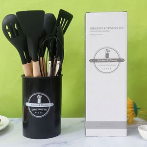 High Quality Eco-Friendly Food Grade <b>Silicone</b> Utensils Set Wooden Handle Heat Resistant Dishwasher Safe Customized Color - Product Image 4