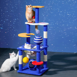 Nouveautés Arbre à chat haut multifonctionnel à thème ciel étoilé et <span class=keywords><strong>OVNI</strong></span>, avec structure d'escalade, nid et griffoir, coloris bleu et jaune - Product Image 2