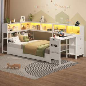 Plataforma de tamaño doble duradera, cama esquinera, escritorio, estación de carga, luz LED, muebles de dormitorio individuales y dobles, estantería de almacenamiento, cama de día - Product Image 4