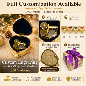 Caja de Música en Forma de Corazón con Perlas Doradas, Relieve de Rosa Esmaltada, Aleación de Zinc, Movimiento Sankyo, Joyería de Recuerdo para Aniversario de Bodas, Personalizable - Product Image 3