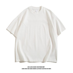 T-shirt en coton épais, couleur unie, épaules tombantes, manches courtes, vêtements de travail décontractés - Product Image 2