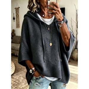 Hooded Oversized <b>Poncho</b> Sweater Lila 0XL <b>Women's</b> Sweaters - Product Image 3