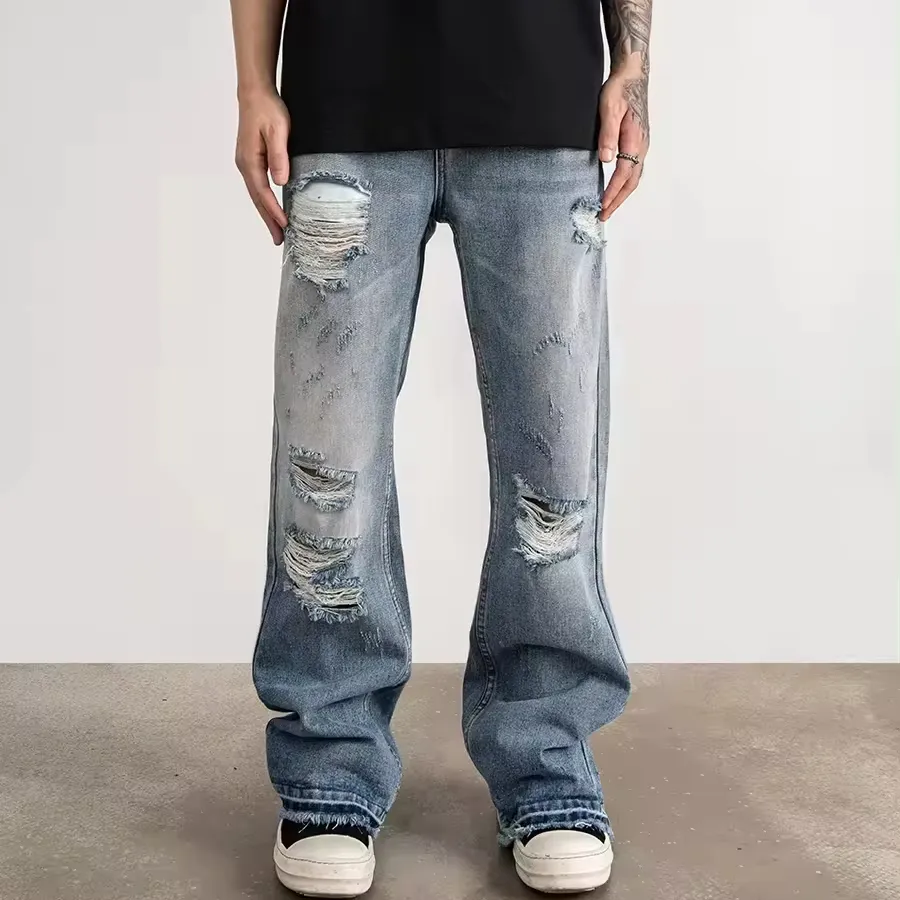 kundenspezifisches label drop-ship lager straßenkleidung lager baggy jeans hersteller herren blau zerrissen gestapelt aufgeweitet denim jeans