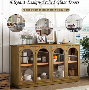Modern Solid Wood 4-Door <b>Sideboard</b> with Glass Doors and Adjustable Shelves Eco-Friendly & Durable Storage for <b>Kitchen</b> (2 Ft) - Product Image 3