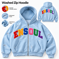 Sweat-shirts à capuche zippés personnalisés pour hommes, effet vieilli et délavé, avec broderie de patchs en chenille, coupe ample, style streetwear, en polaire, fabrication OEM