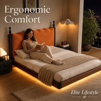 Lit flottant King Size en velours texturé doux avec rangement, tête de lit rembourrée en mousse haute densité, éclairage LED d'ambiance, chambre de luxe