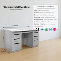Bureau de travail moderne en métal de 140 cm avec 6 tiroirs, gris et blanc, en acier, avec plateau pour clavier et 3 passages pour câbles