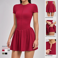 Rok Tenis Wanita Dua Potong Model Solid Tipis dengan Celana Pendek Terpadu Anti-tembus Pandang, Saku, untuk Olahraga, Bahan Nilon Spandex