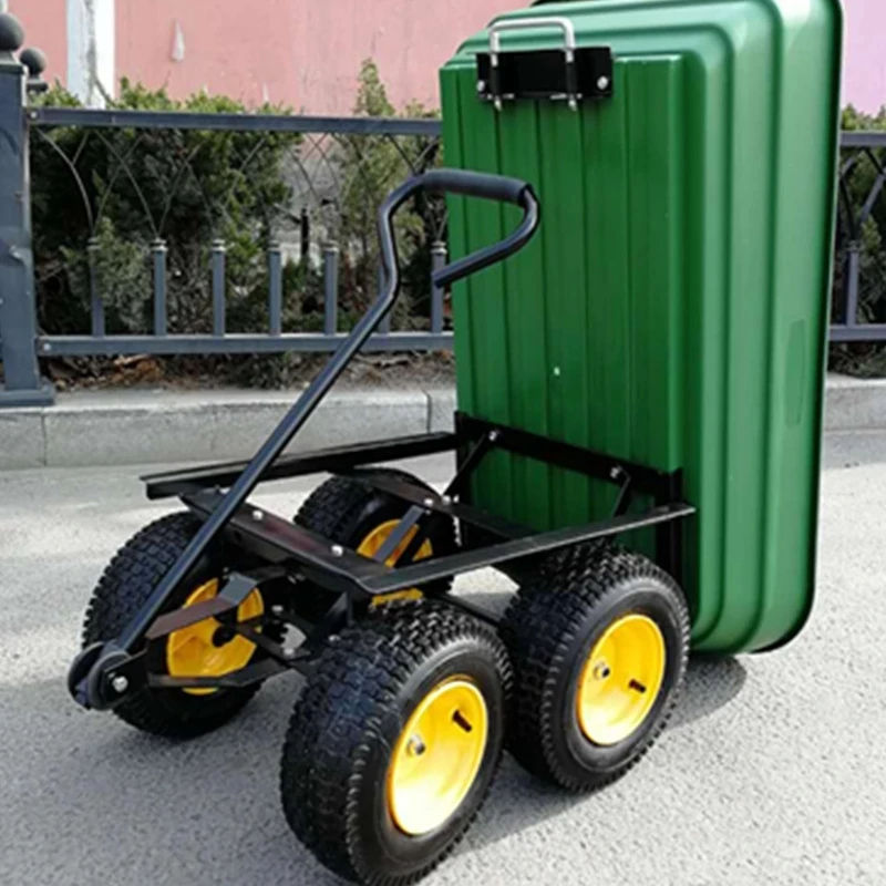 Easy Moving Cargo Truck Steel Frame Wheelbarrow with Four-Wheel Roll Container Utility Trailer Garden Dump Cart for Home Use