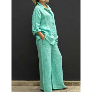 Completo Set Due Pezzi <span class=keywords><strong>Donna</strong></span> Primavera Estate 2026: Camicia e Pantaloni <span class=keywords><strong>in</strong></span> <span class=keywords><strong>Lino</strong></span> Casual alla Moda, Taglie Forti - Product Image 3